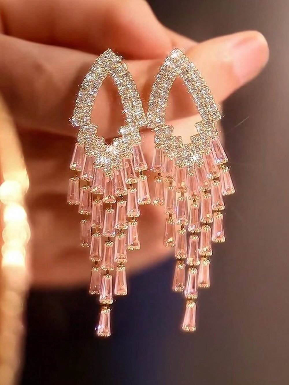 Golden Yellow Elegant Women's Rhinestone Tassel Fringe Earrings